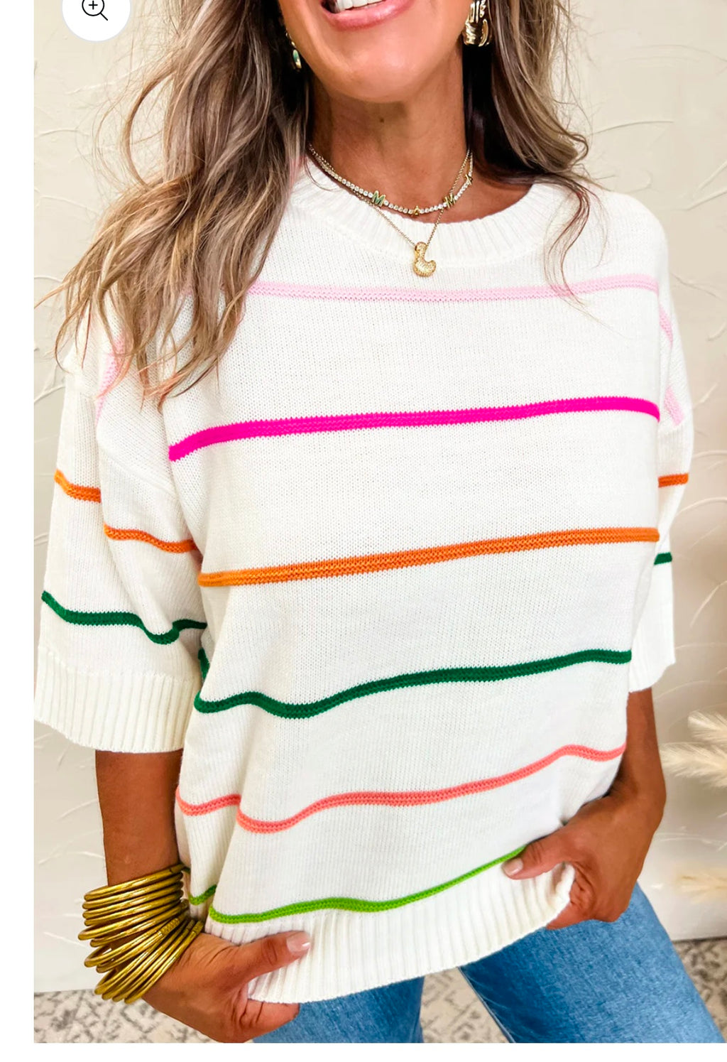 Striped Half Sleeve Drop Shoulder Sweater