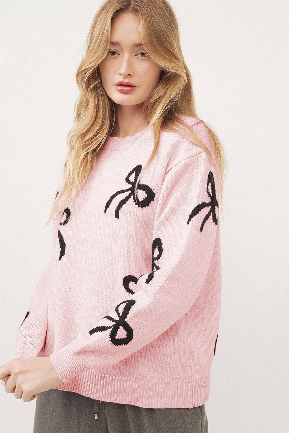 Light Pink Bow Pattern Sweater