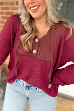 Load image into Gallery viewer, Waffle Patchwork Drop Shoulder Hooded Long Sleeve Top
