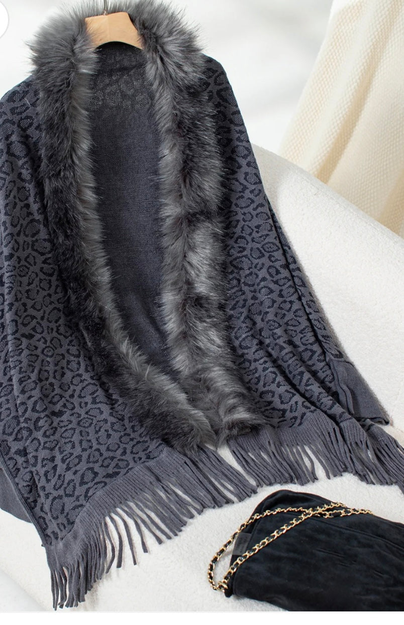 Fringe Leopard Open Front Long Sleeve Poncho