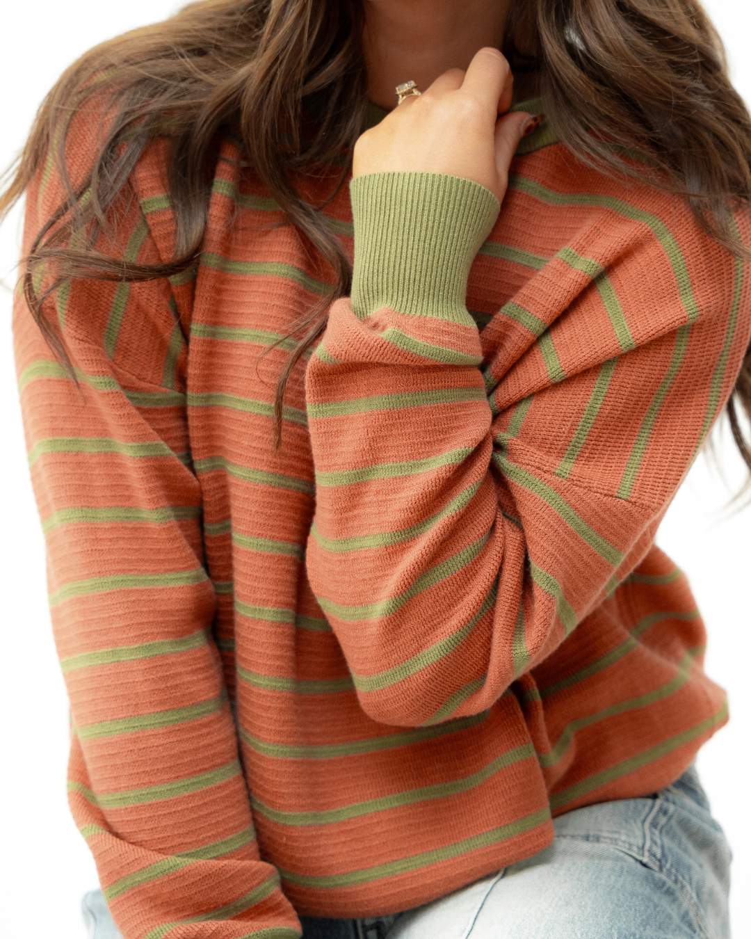 Zya Stripe Round Neck Drop Shoulder Loose Sweater - Brown Indie & Co.