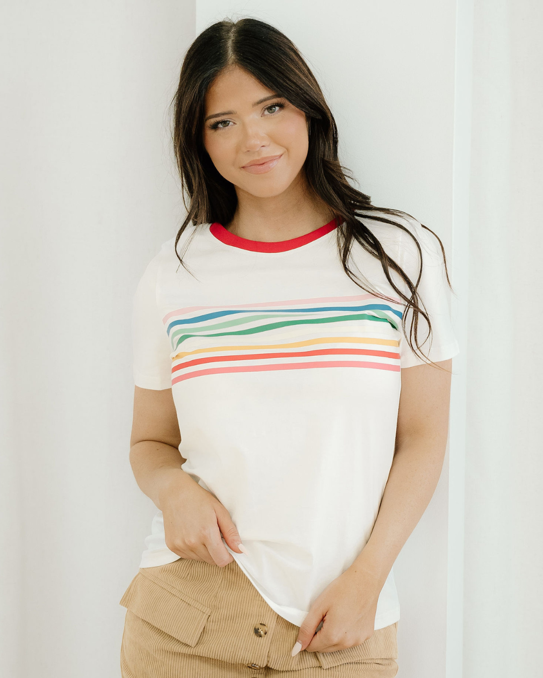 Melanie Rainbow Stripe Print Crewneck T Shirt Indie & Co.