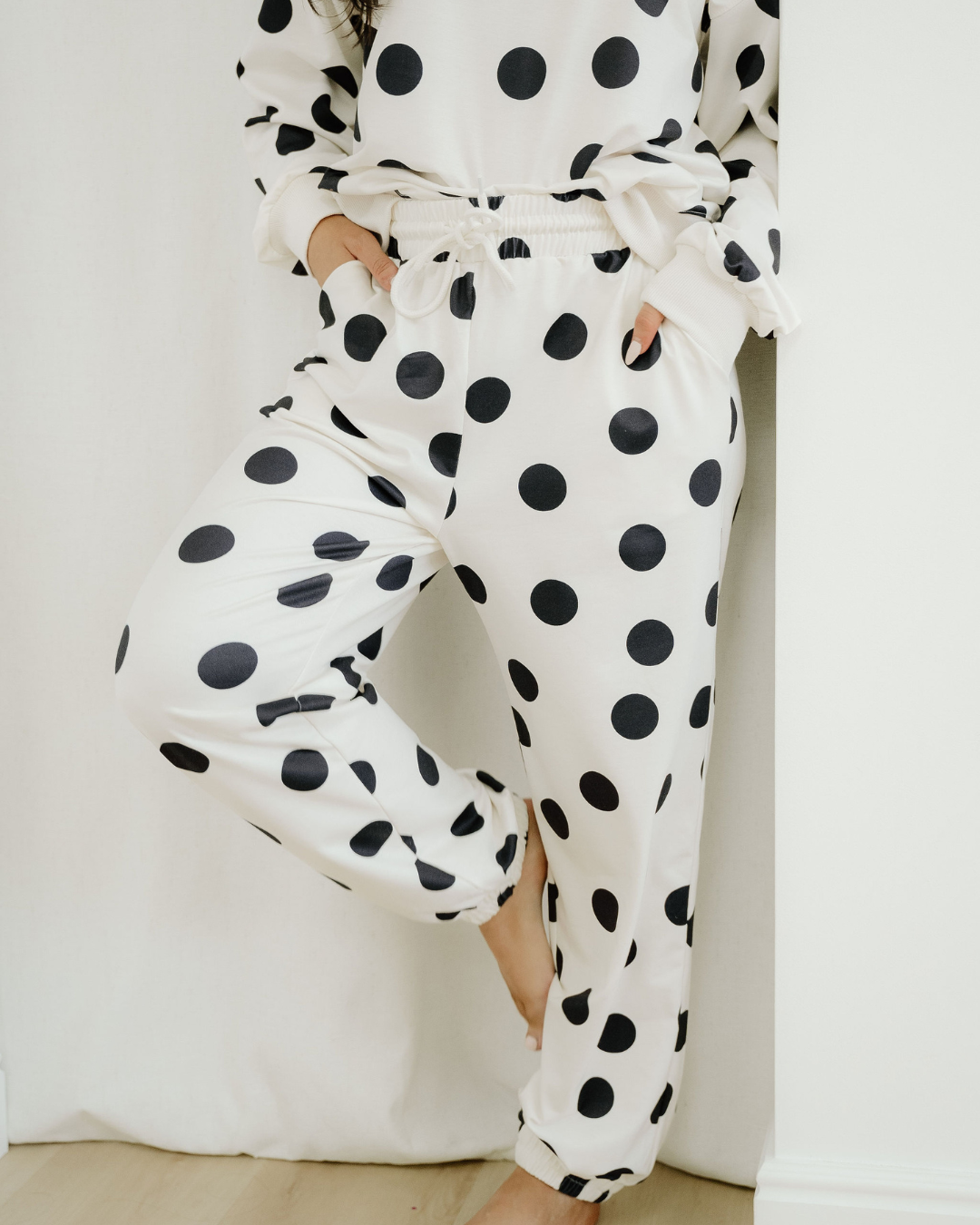 Polka Dot Print Drop Shoulder Pullover Drawstring Jogger Pant Set - Beige Indie & Co.