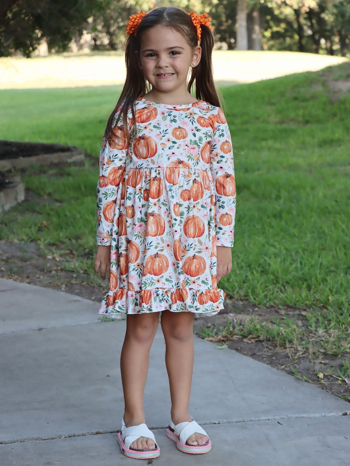 Girls FALL Pumpkin Print Long Sleeve Dress Rylee Faith Designs