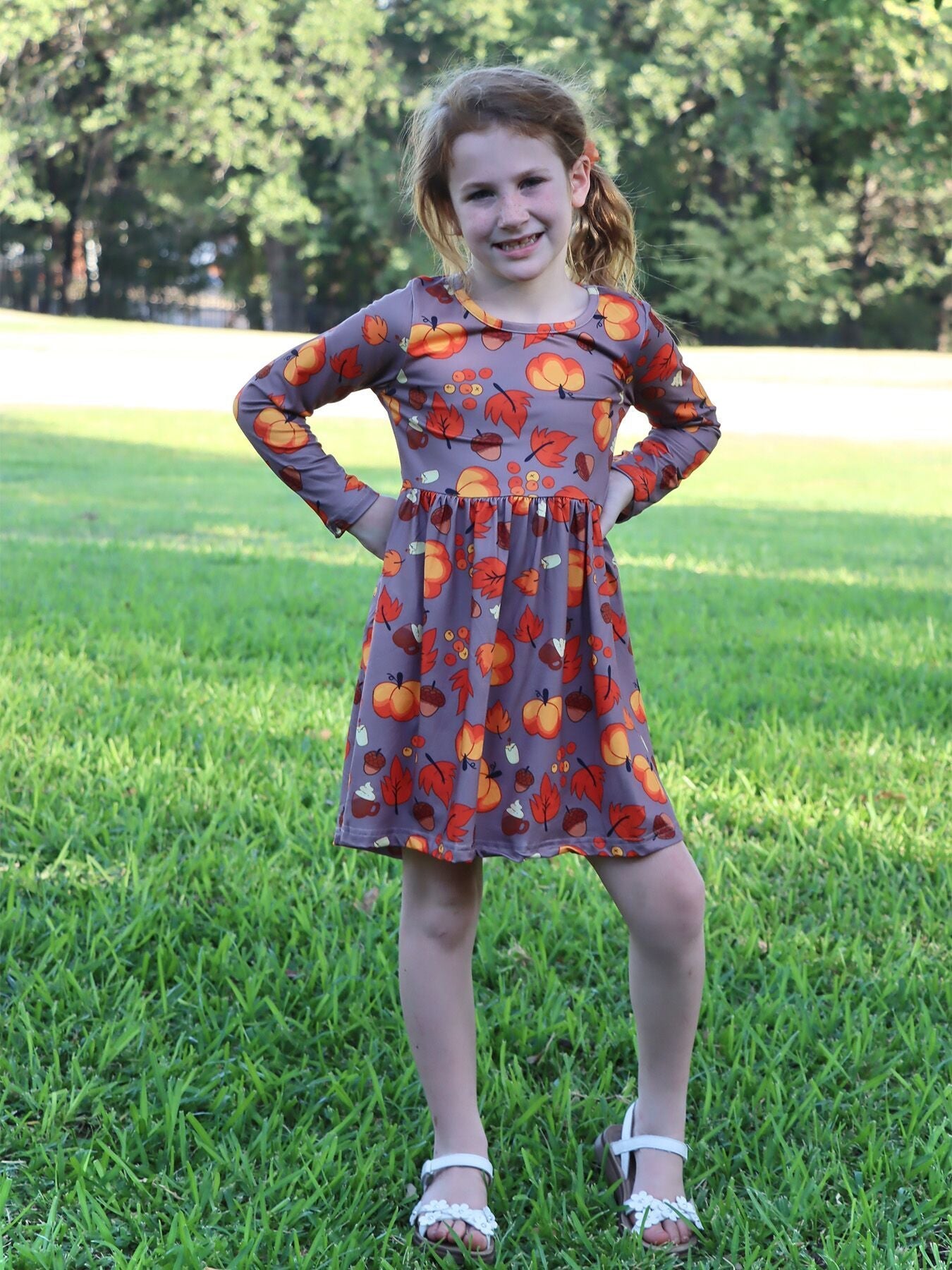 Fall Autumn Leaves Pine Cone Stripe Print Girls Dress Rylee Faith Designs