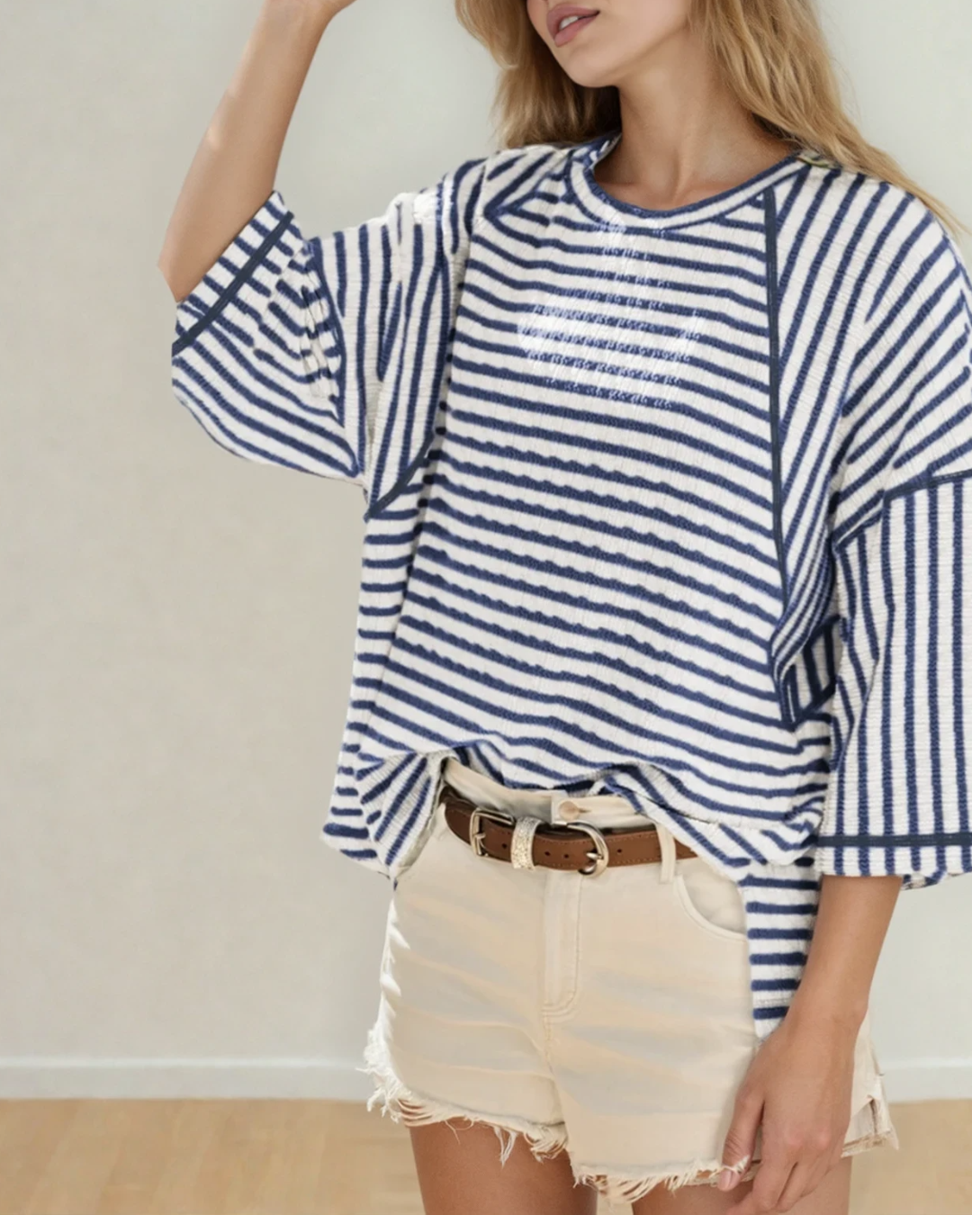 Noelle Textured Knit Split Hem Half Sleeve Loose Top - Blue Indie & Co.