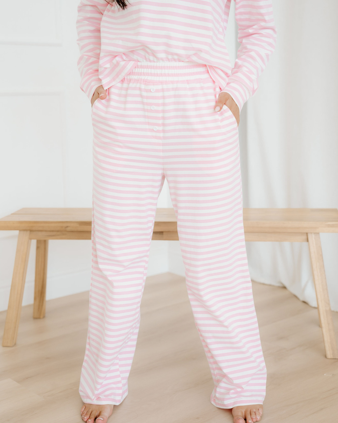 Thea Stripe Drop Shoulder Round Neck Top and Buttoned Straight Pants Two Piece Set Indie & Co.
