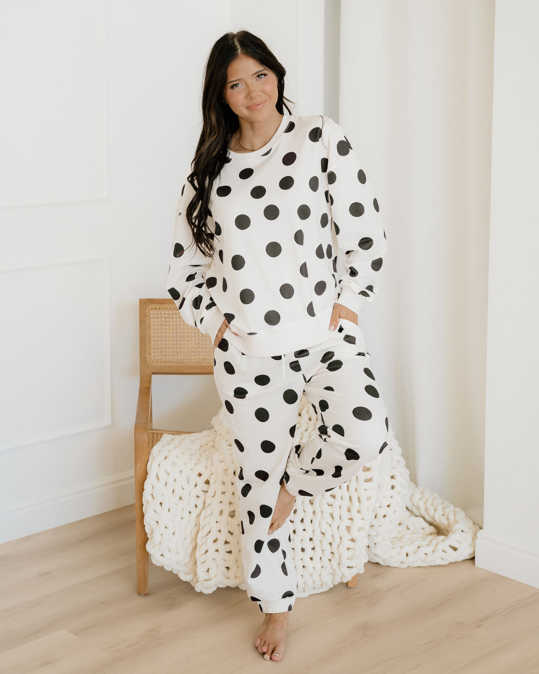 Polka Dot Print Drop Shoulder Pullover Drawstring Jogger Pant Set - Beige Indie & Co.