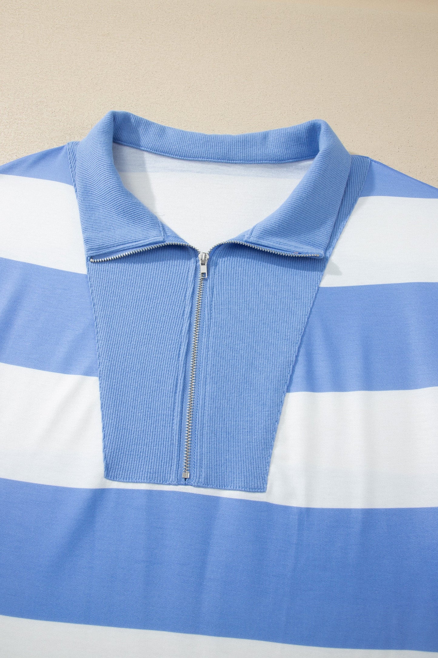 Sky Blue Stripe Drop Shoulder Zipped Collar T Shirt Plus Size Shorts Set Unique Oils