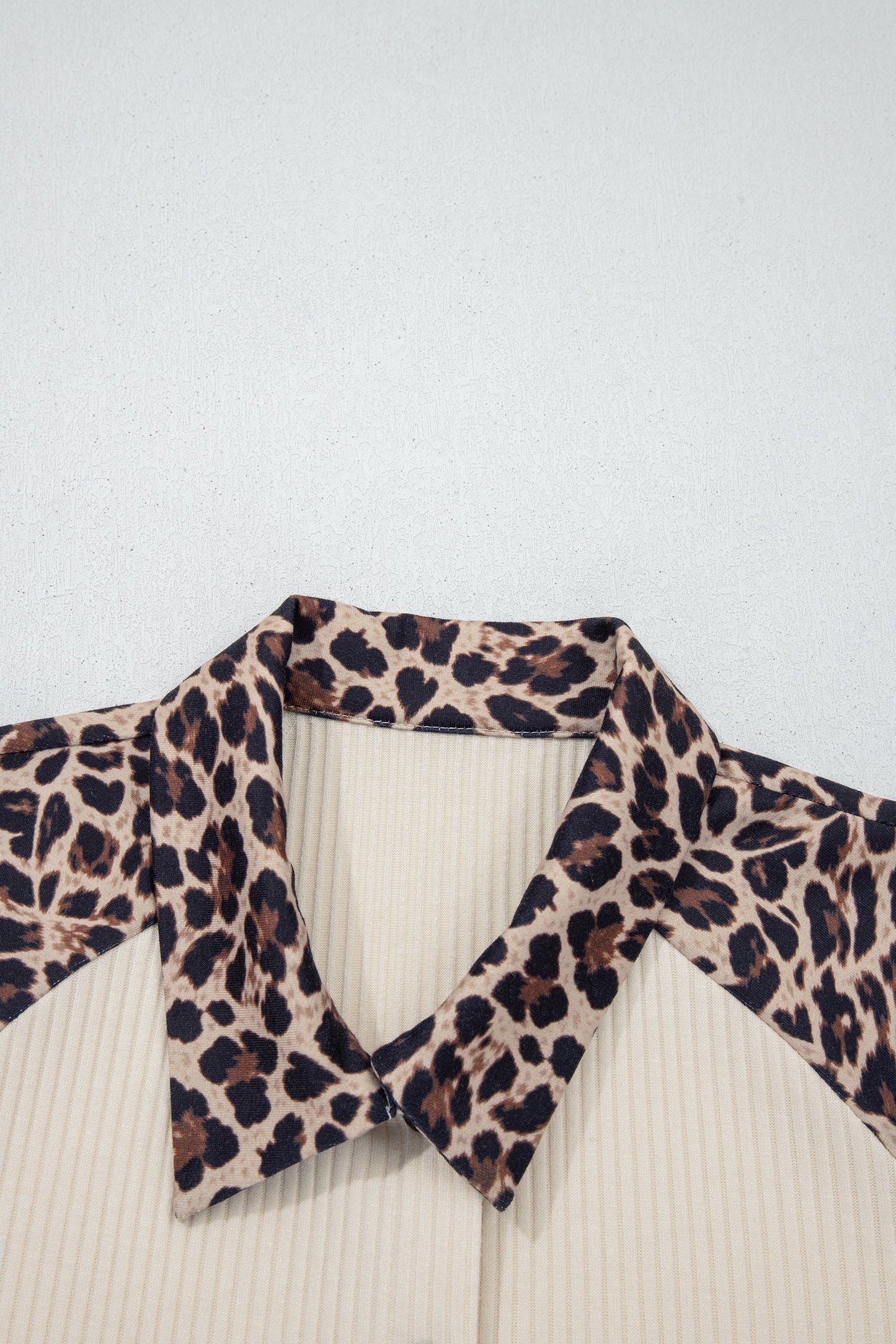 White Ribbed Texture Button Down Leopard Patchwork Short Sleeve Shirt Wild and Free Boutique