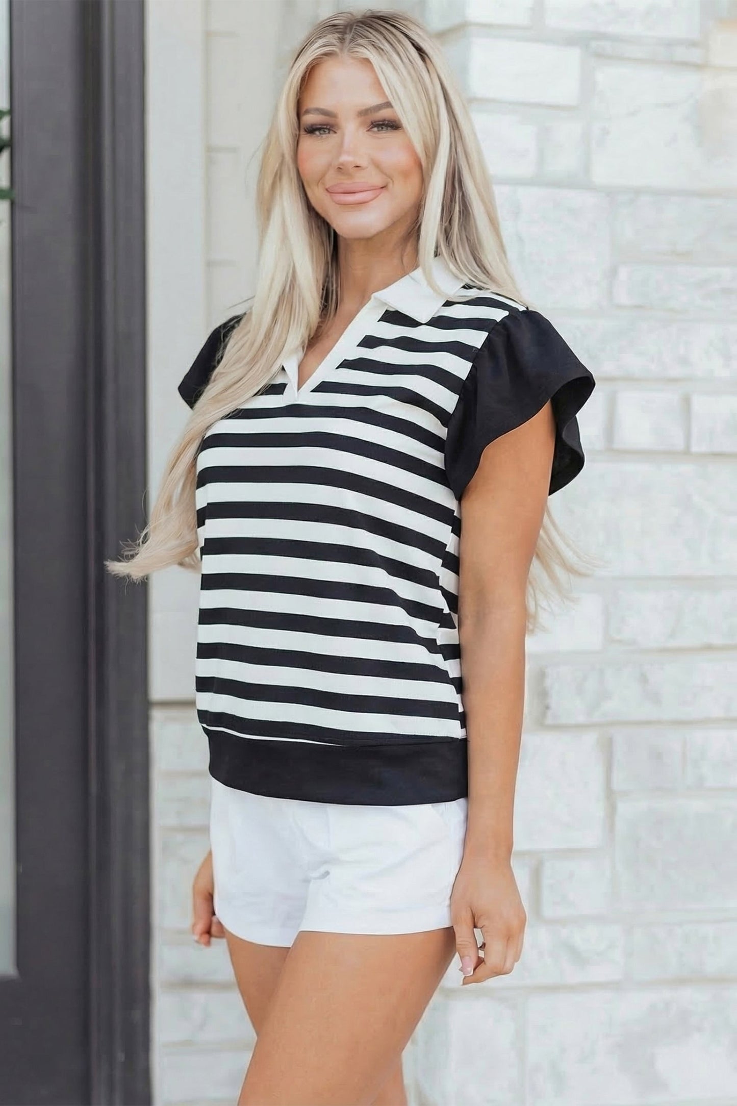 Pink Stripe Collar V Neck Ruffled Short Sleeve Blouse