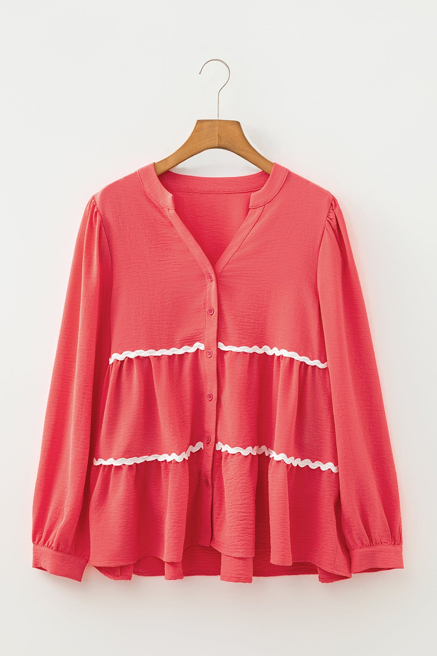 Coral Contrast Ricrac Trim V Neck Button Down Long Sleeve Shirt