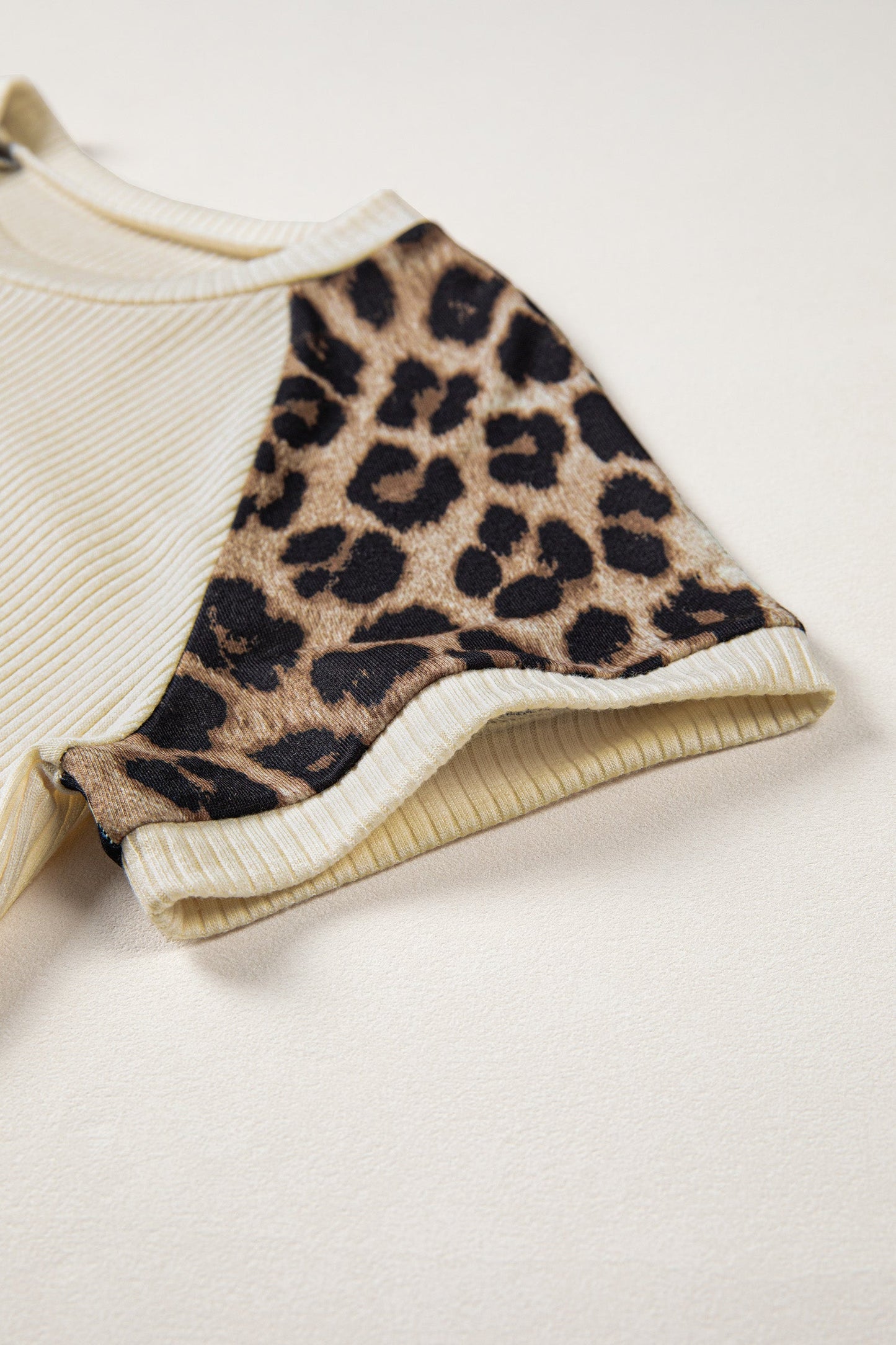Apricot Ribbed Color Block Leopard Contrast Sleeve Loose Tee