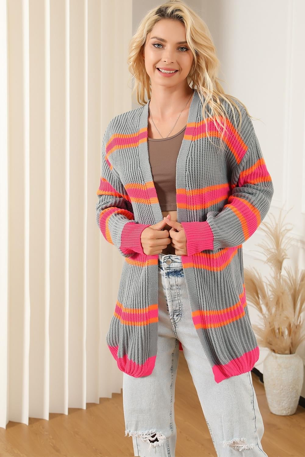 Stripe Printed Ribbed Knitted Cardigan