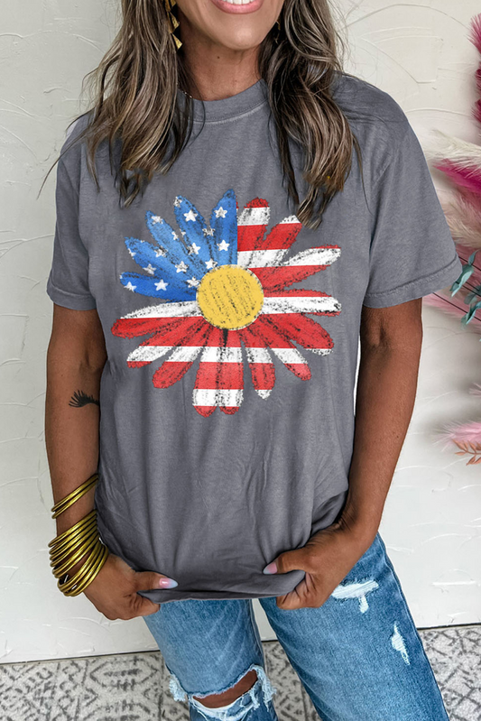 Gray Flag Pattern Sunflower Graphic Crew Neck Tee Wild and Free Boutique