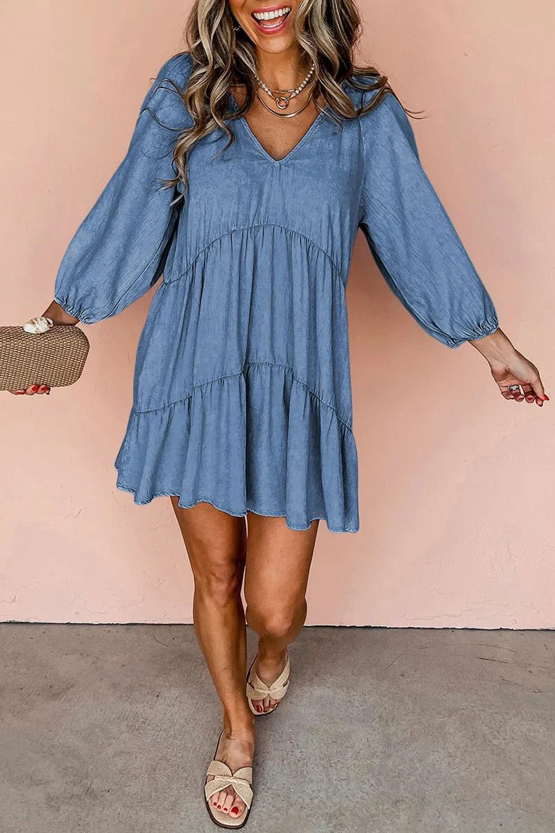 COASTAL CUES ASHLEIGH BLUE RUFFLED CHAMBRAY DRESS **SHIPPING EXPECTED TO BEGIN ON DATE 8/30**