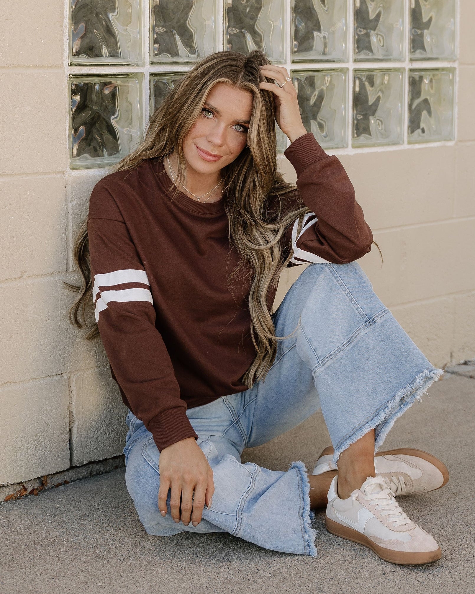 Varsity Striped Sleeve Loose Sweatshirt - Coffee Indie & Co.