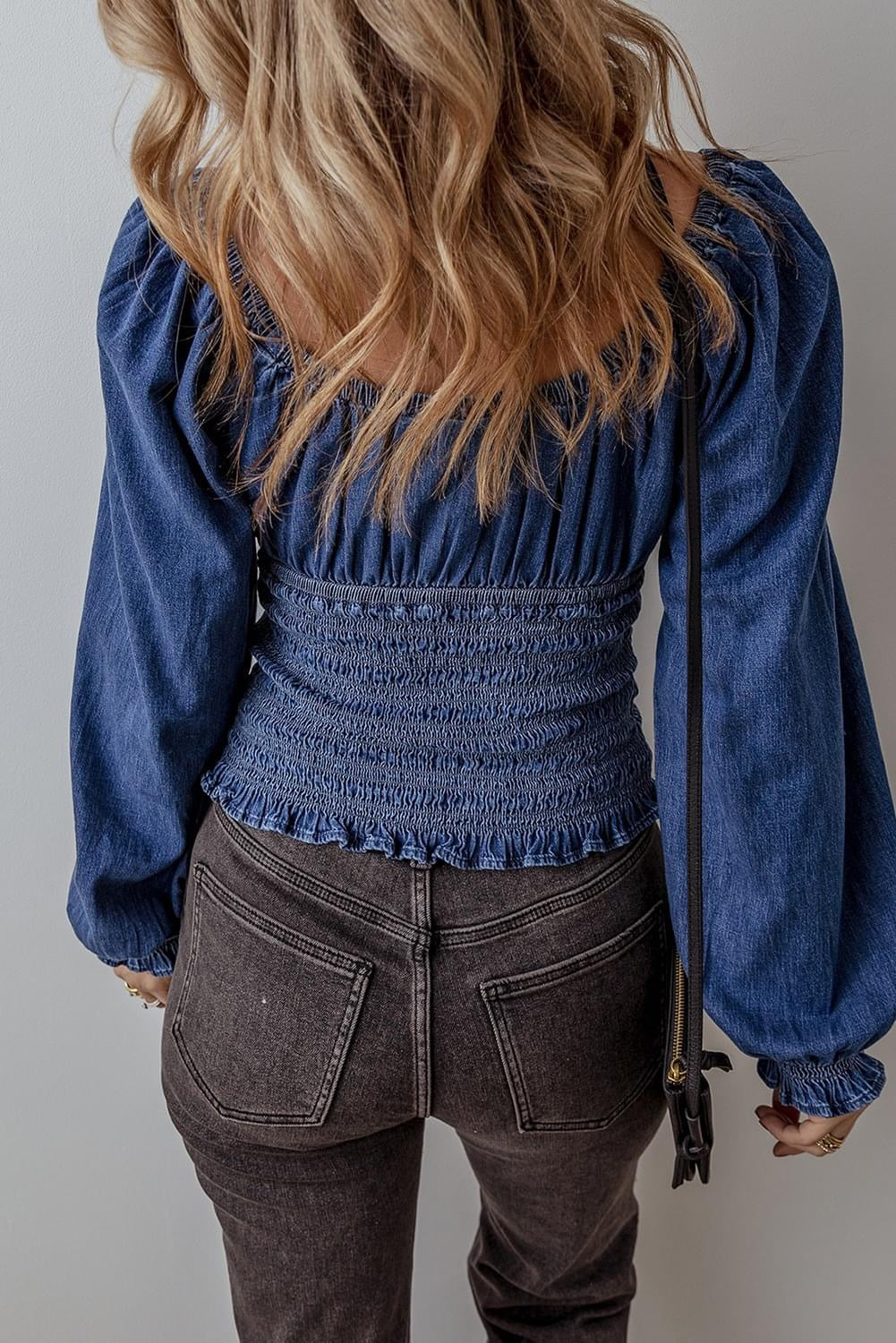 Major Impression Dark Blue Smocked Ruffled Puff Sleeve V Neck Denim Blouse