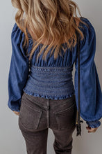 Load image into Gallery viewer, Major Impression Dark Blue Smocked Ruffled Puff Sleeve V Neck Denim Blouse
