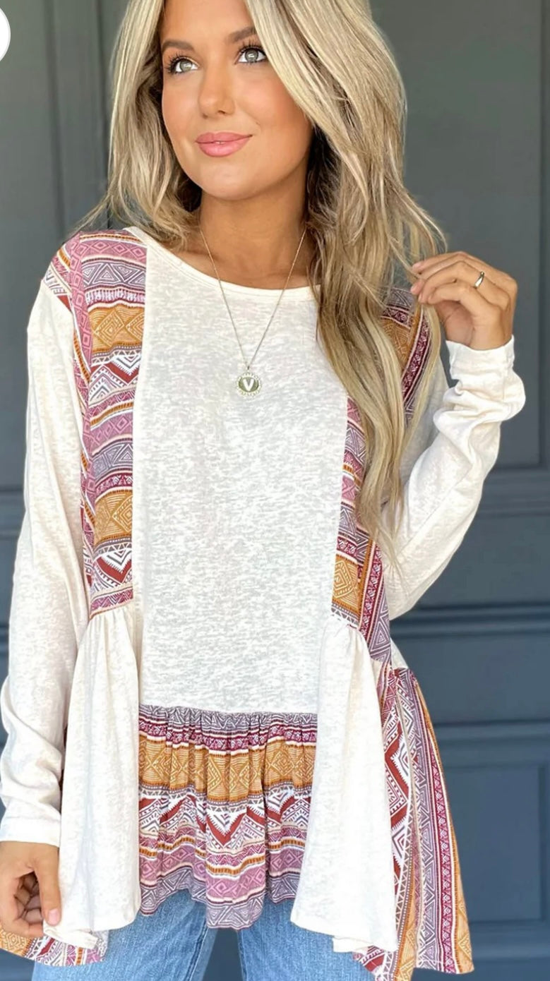 Western Patchwork Ruffled Babydoll Top (Ships 8/31)