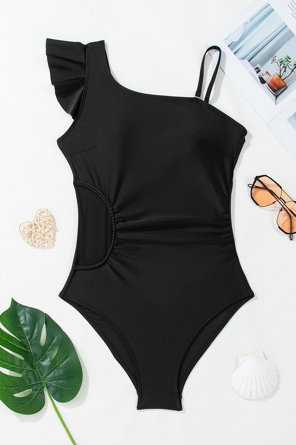 Asymmetric Ruffle Shoulder One Piece Swimsuit
