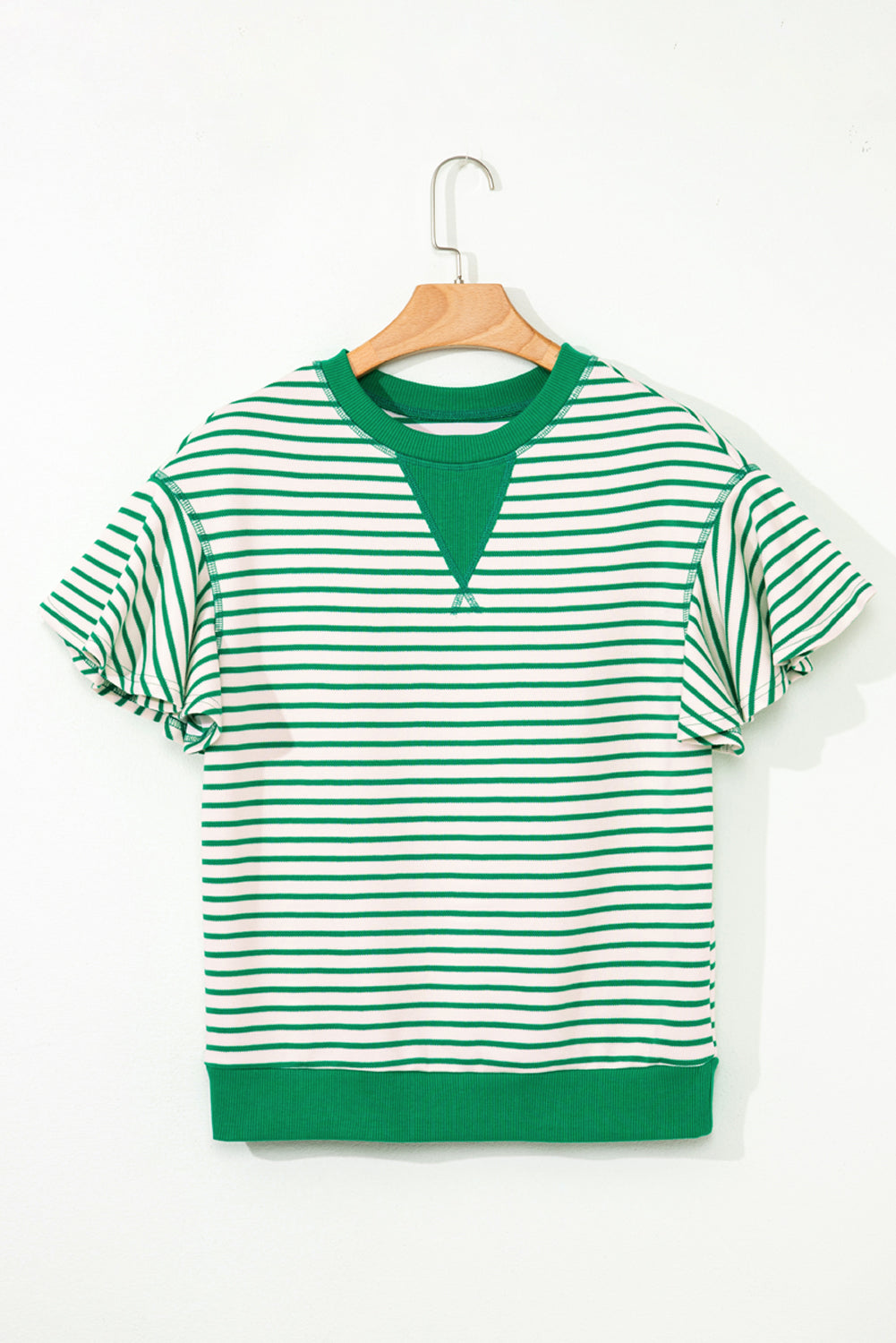 Stripe Contrast Detail Ruffle Short Sleeve Top