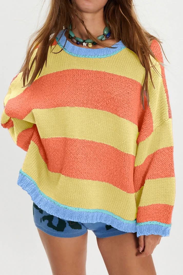 Contrasting Trim Round Neck Oversize Sweater