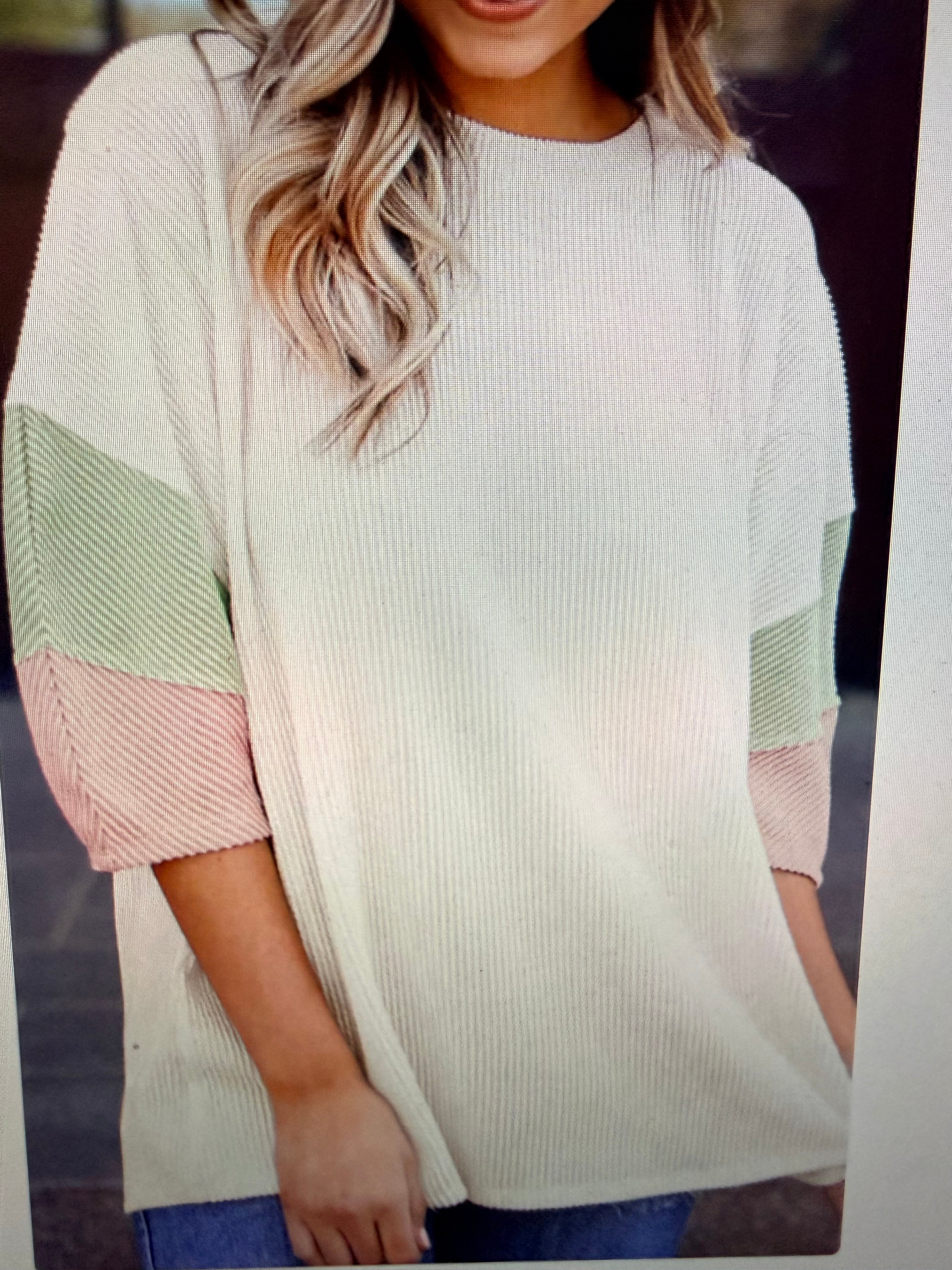 White Color Block Knit Top