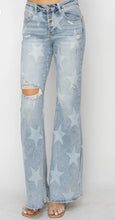 Load image into Gallery viewer, Risen Mid Rise Button Fly Start Print Flare Jeansp
