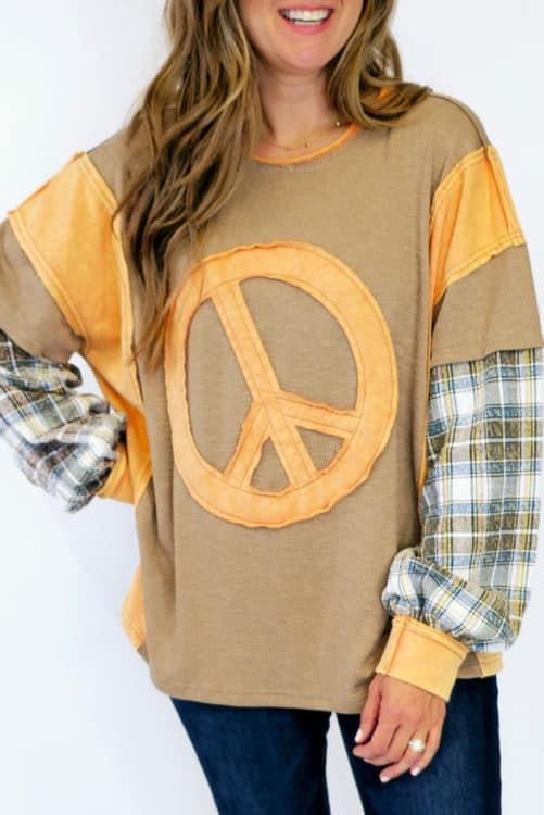 Khaki Plaid Peace Symbol Color Block Ribbed T Shirt