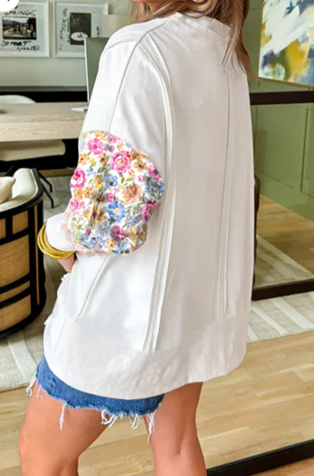 Floral Dotted Mixed Print Patchwork Sleeve High Low Casual Sweatshirt