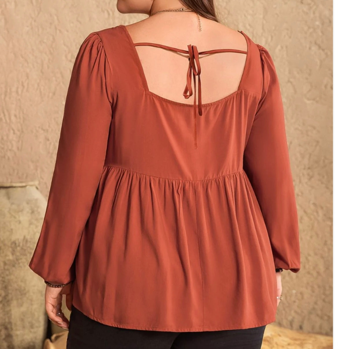 Plus Size Lace Detail Square Neck Long Sleeve Blouse