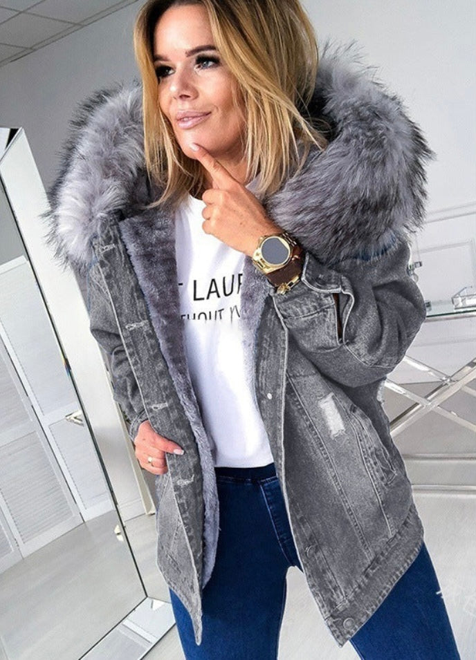 Ripped Denim Fleece Hooded Jacket