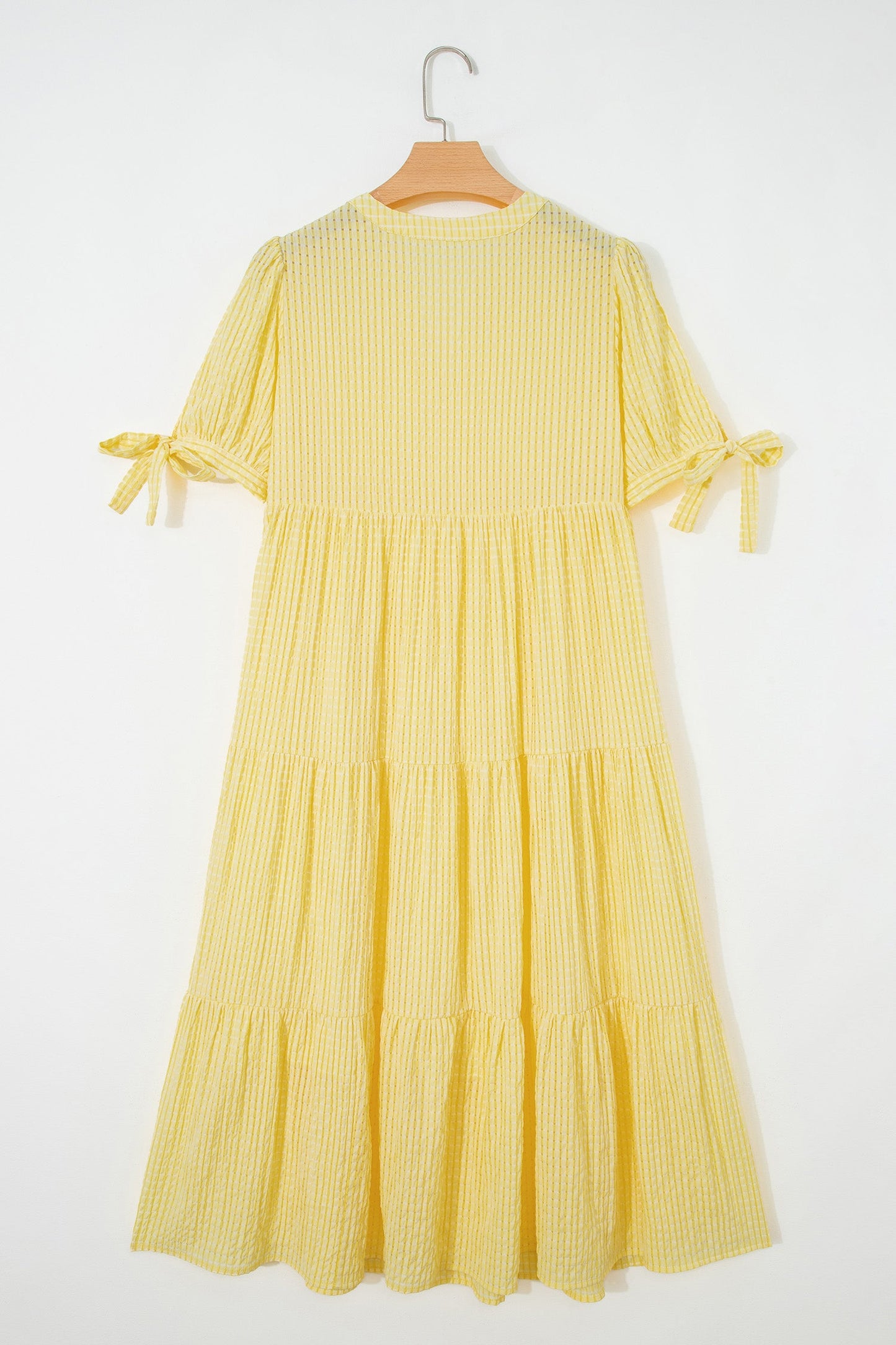 Yellow Gingham Textured Bow Tie Short Sleeve Tiered Midi Dress