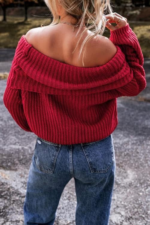Hailey Campbell Red Off-the-shoulder Knit Sweater