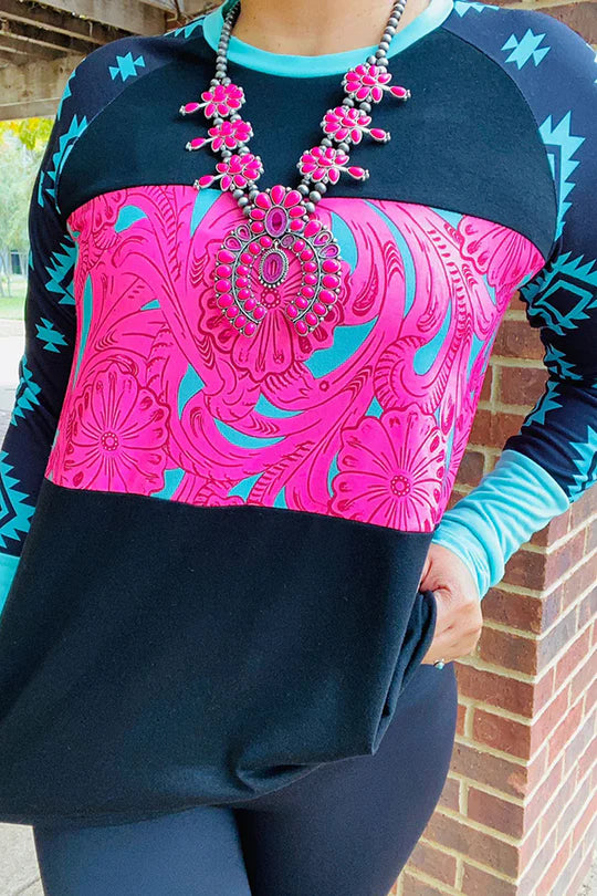 Black/Turquoise Pink Aztec Sleeve Top