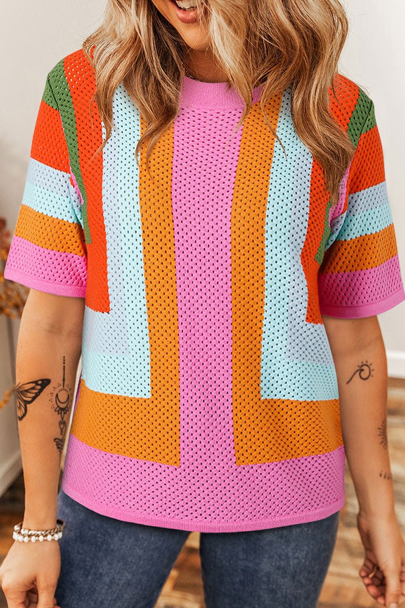 PEP IN YOUR STEP ORANGE COLORBLOCK EYELET KNIT TOP **SHIPPING EXPECTED TO BEGIN ON DATE 4/30**