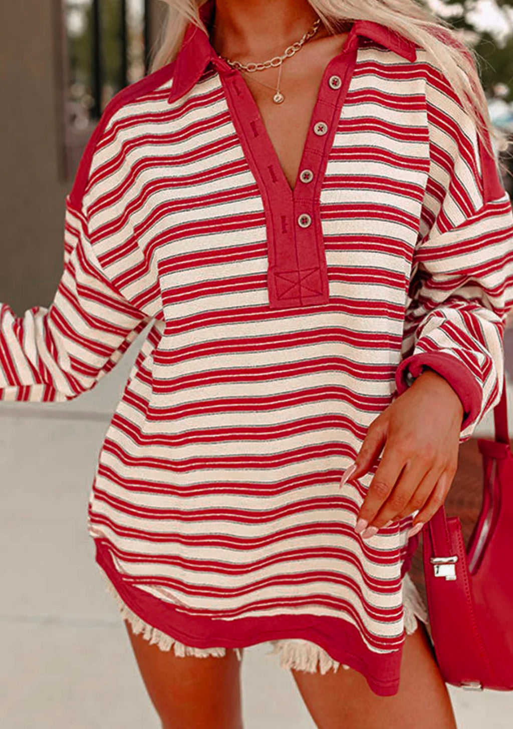 Stripe Buttoned V Neck Collared Top