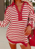 Stripe Buttoned V Neck Collared Top