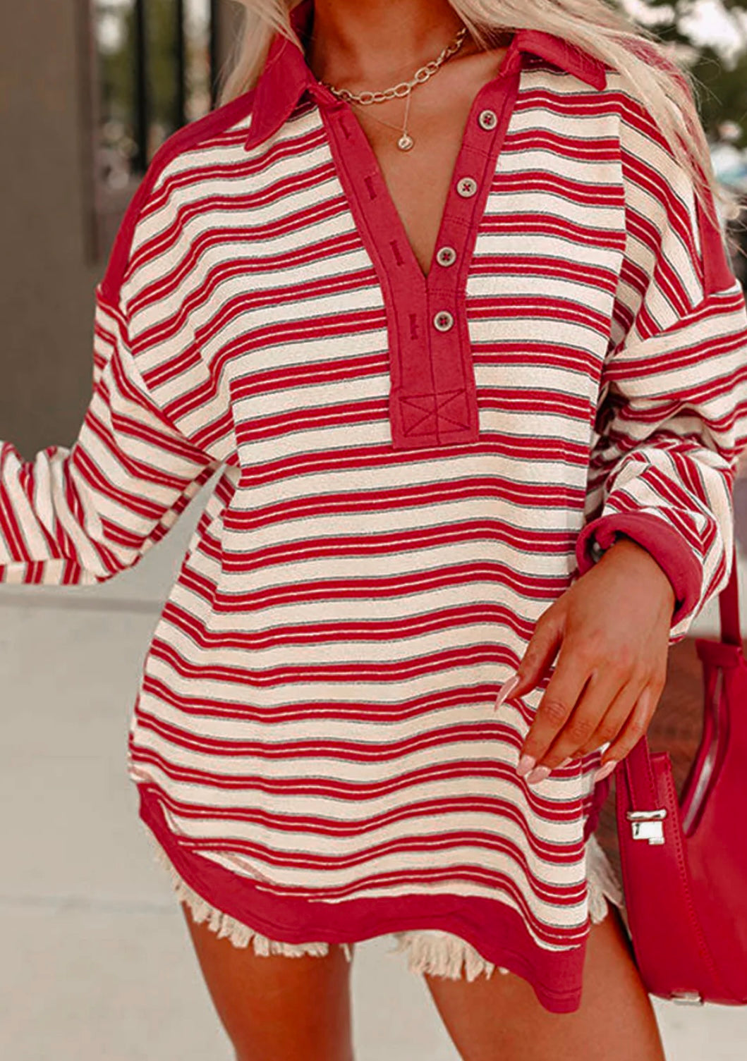 Stripe Buttoned V Neck Collared Top