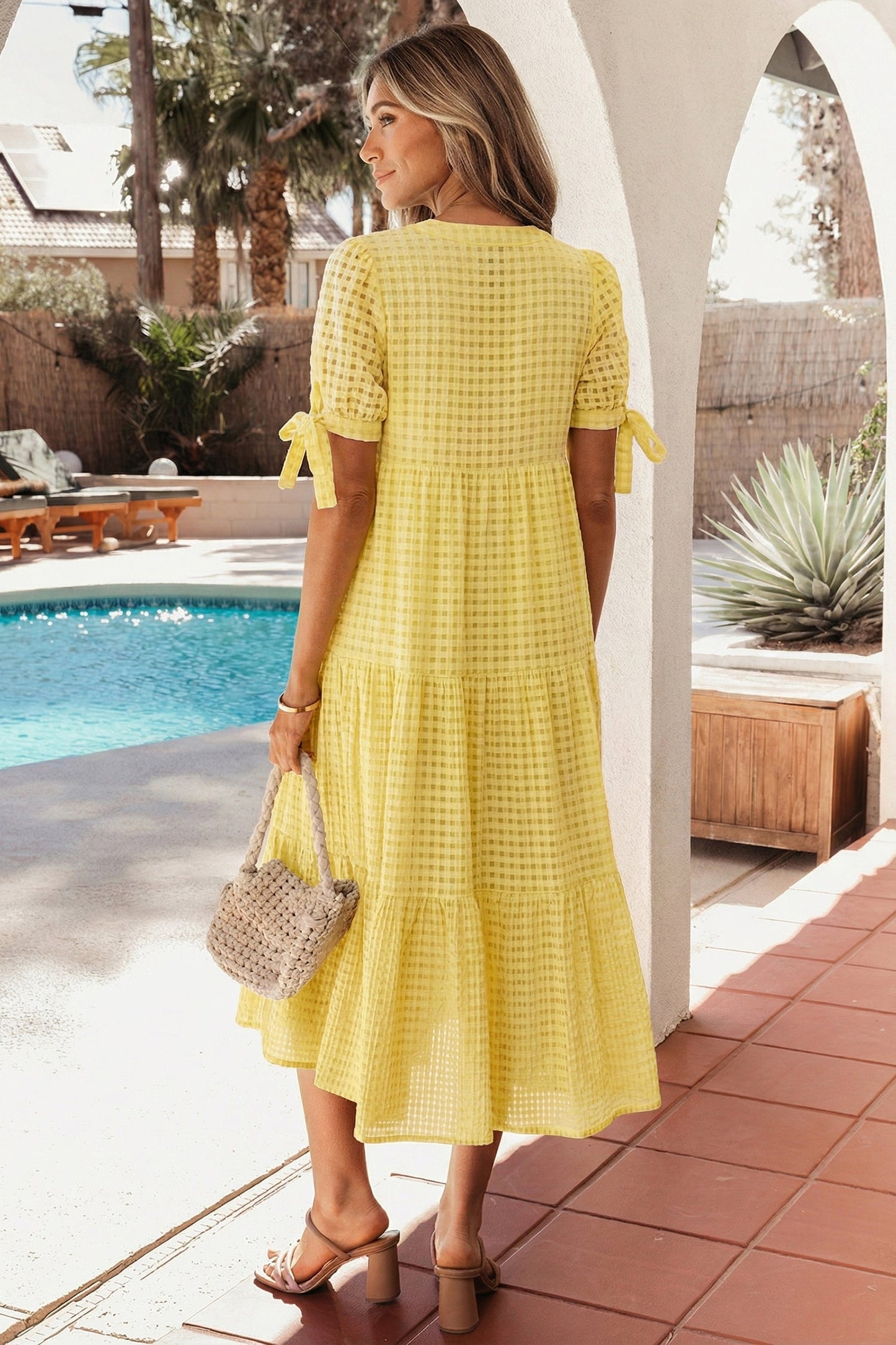 Yellow Gingham Textured Bow Tie Short Sleeve Tiered Midi Dress