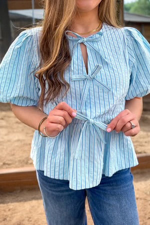 SWEETHEART TIES SKY BLUE STRIPE BABYDOLL BLOUSE