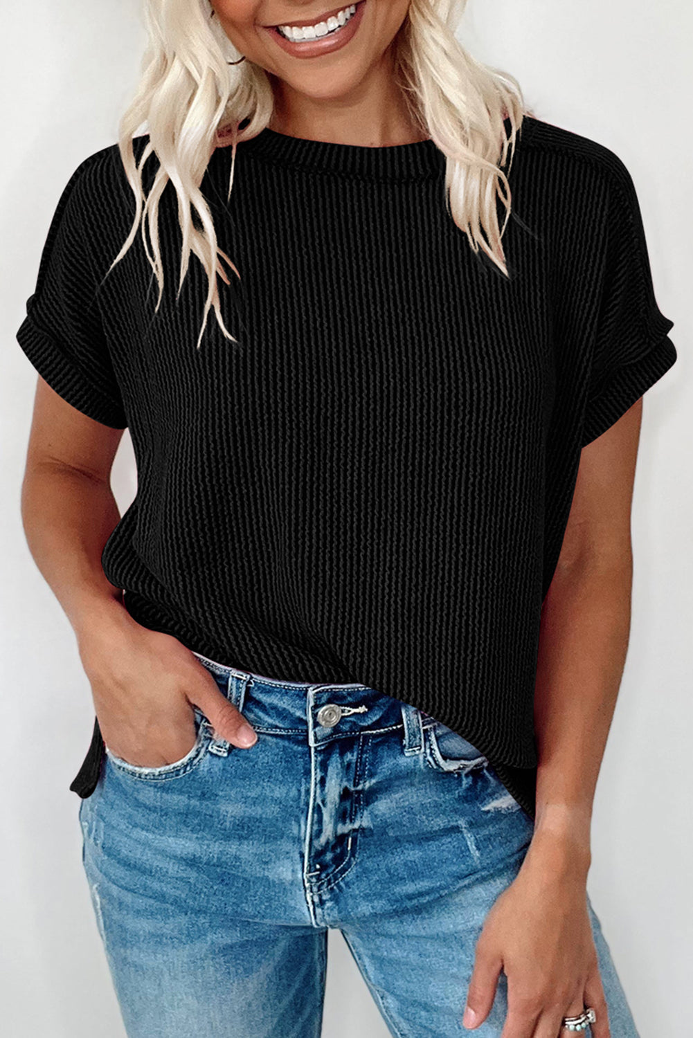 White Crinkle Rib Textured Knit Round Neck T Shirt