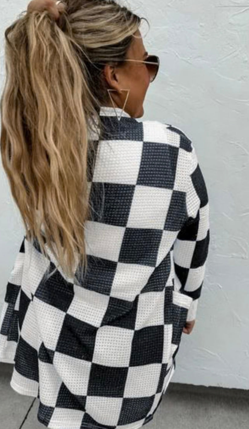 Checkered Waffle Open Front Cardigan