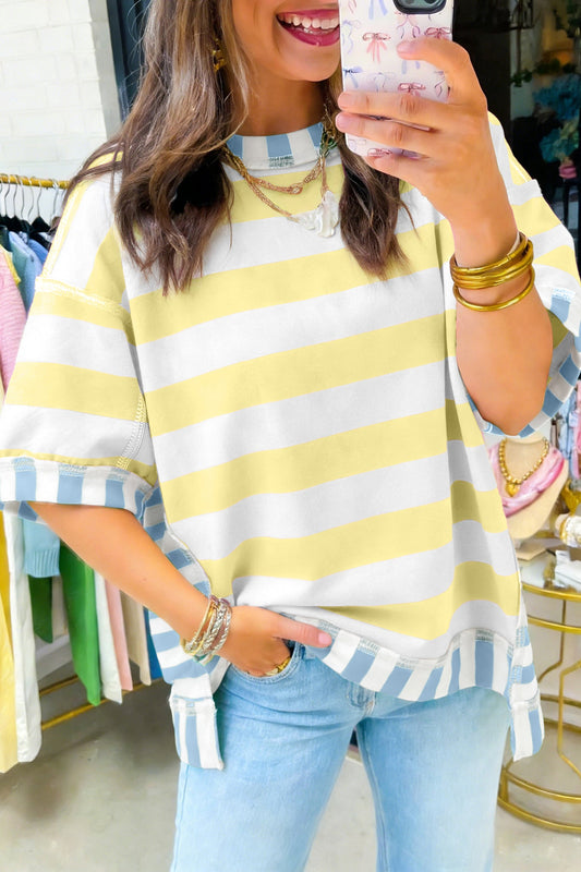Yellow Stripe Exposed Seam Contrast Patchwork Oversized Top Unique Oils