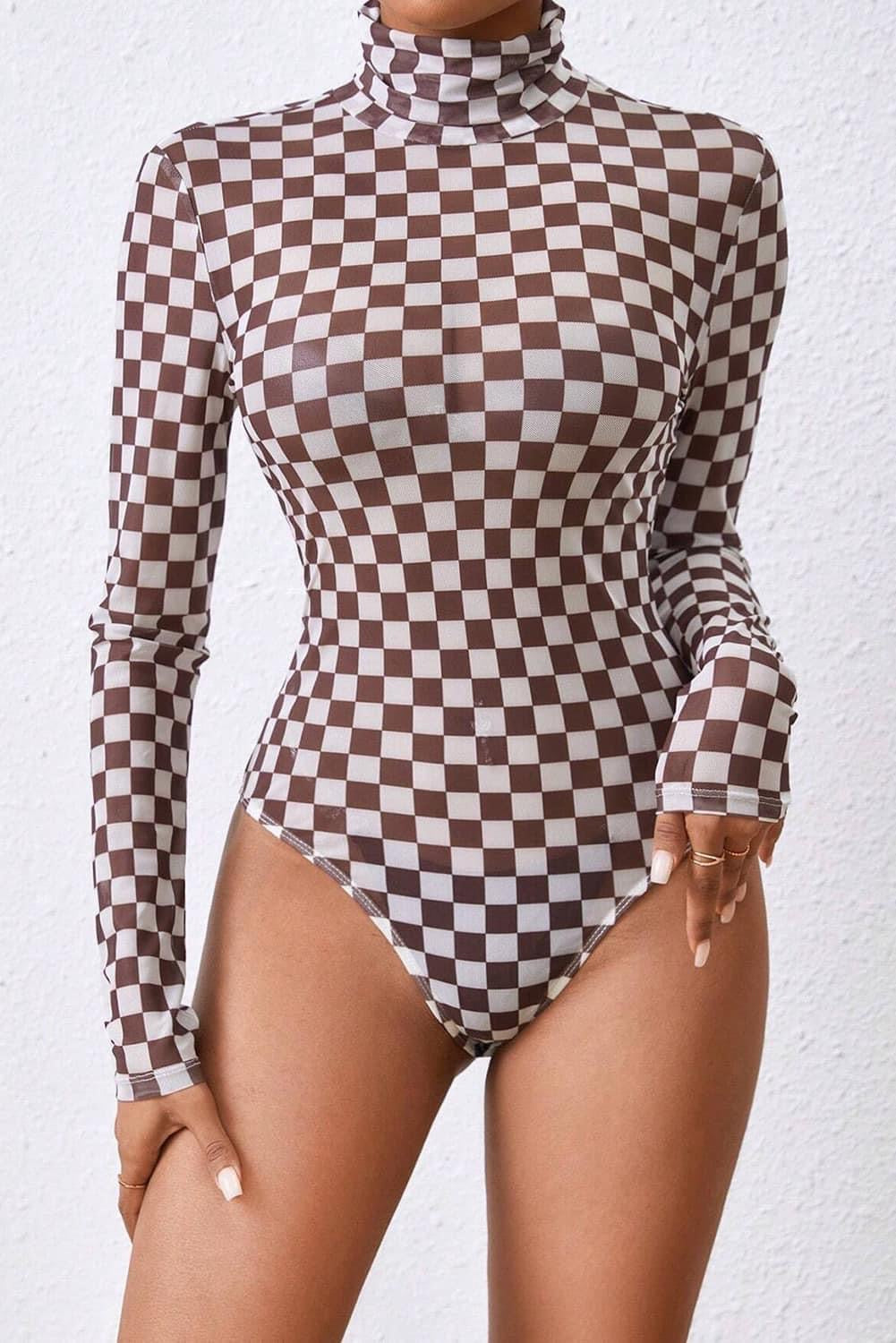 Checkered High Neck Mesh Bodysuit