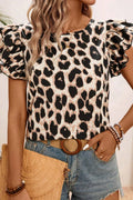 Khaki Leopard Ruffle Blouse