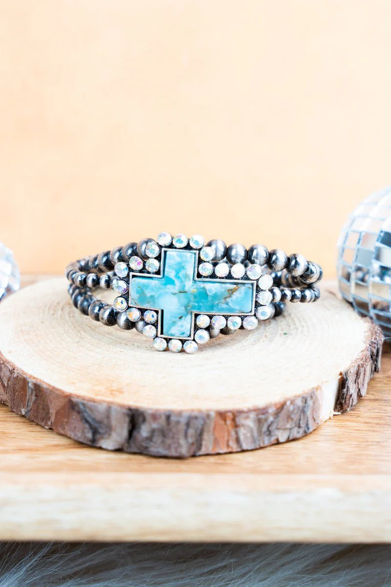 TURQUOISE & IRIDESCENT KENSINGTON CROSS SILVER PEARL BRACELET