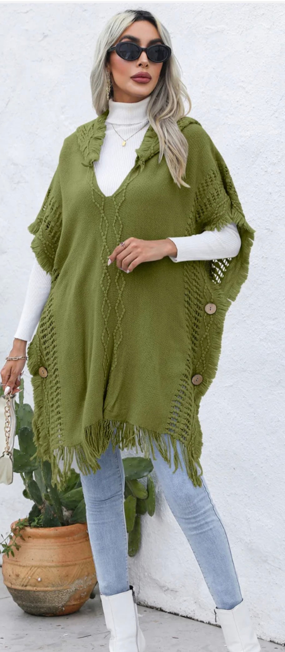 Fringe Trim Buttoned Hooded Poncho