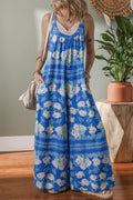 Blue Floral Wide Leg Sleeveless Jumpsuit